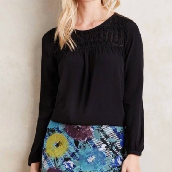 Anthropologie Tops - Anthropologie Meadow Rue Vivi Smocked Long Sleeve Blouse Black Size Small